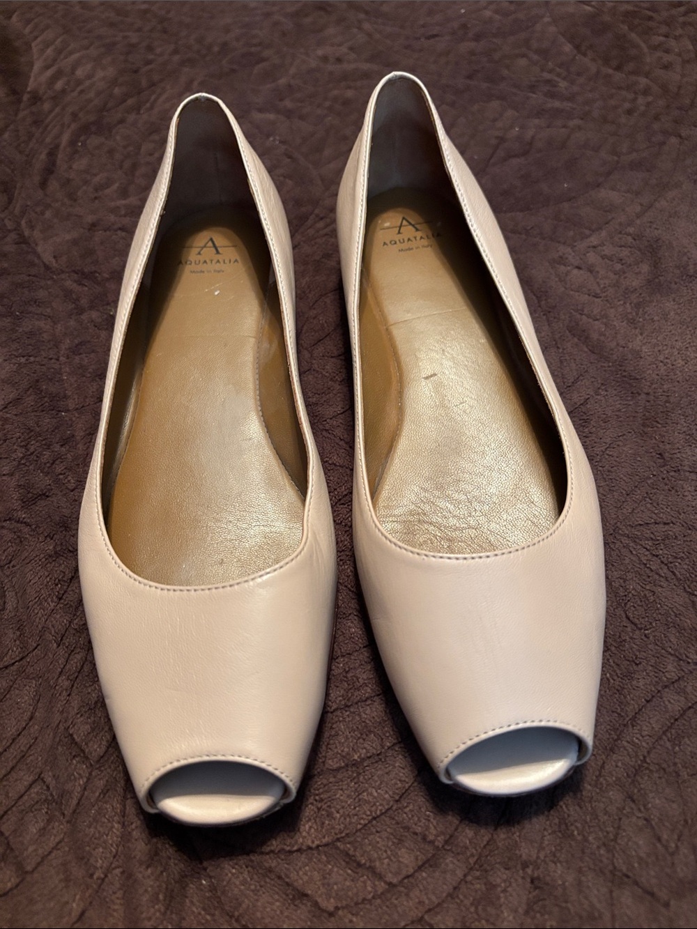 Aquatalia Women's Peep-Toe Flats Tan/Beige, Sz 8